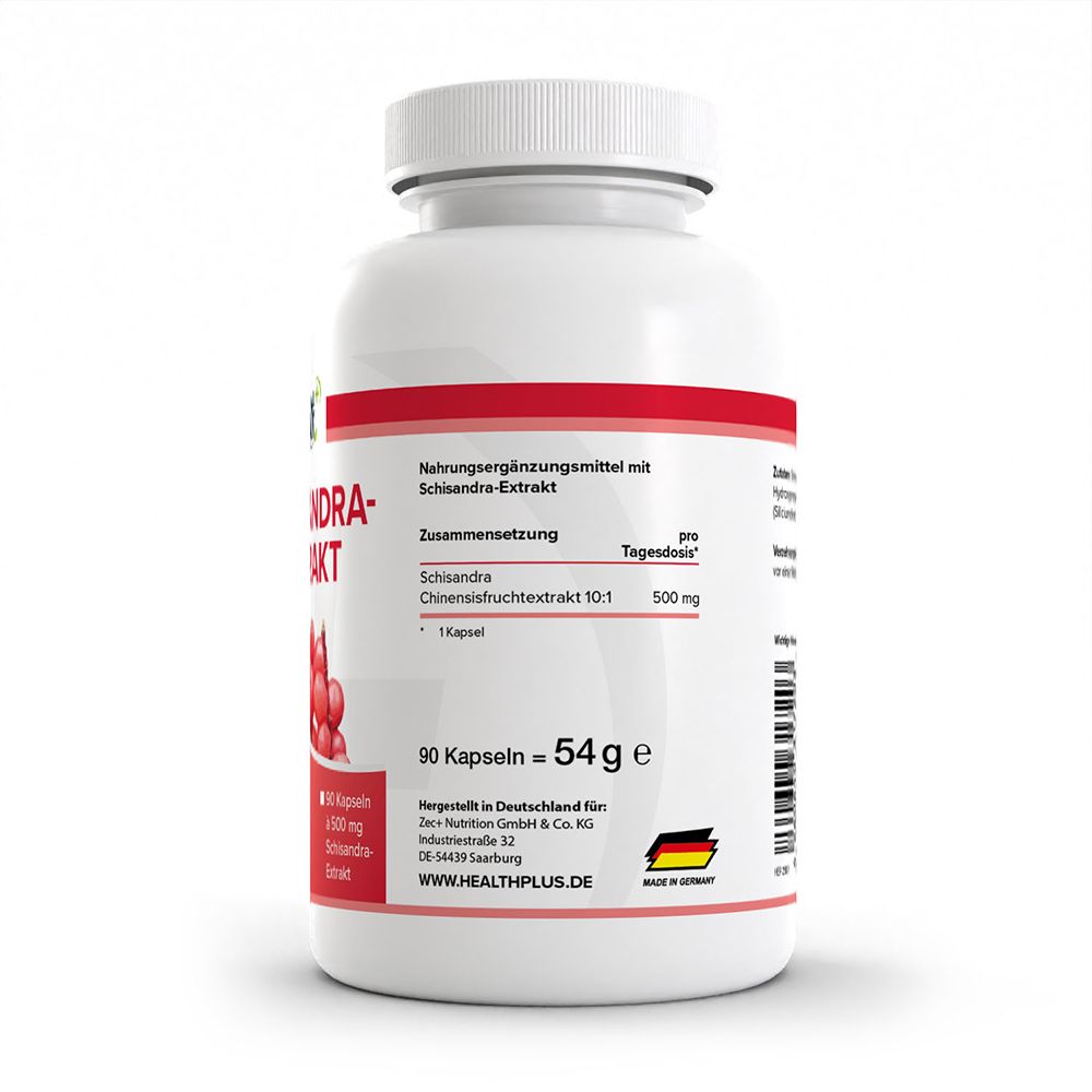 HEALTH+ Schisandra Extrakt Flasche, Seitenansicht mit Nährwertangaben und Herstellungsdetails.