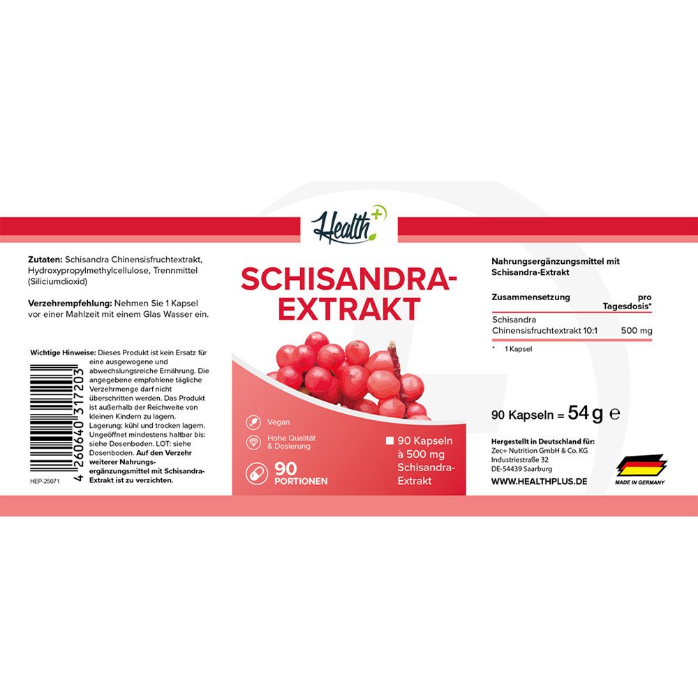 HEALTH+ Schisandra Extrakt: 90 Kapseln = 54g. Hergestellt in Deutschland. Website: HEALTHPLUS.DE.
