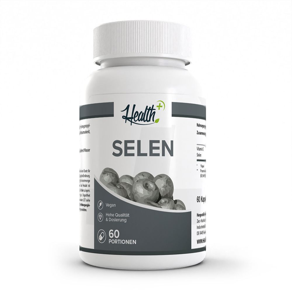 HEALTH+ Selen 200 µg Kapseln: Weiße Dose mit grauem Etikett, zeigt Produktname und 60 Portionen.