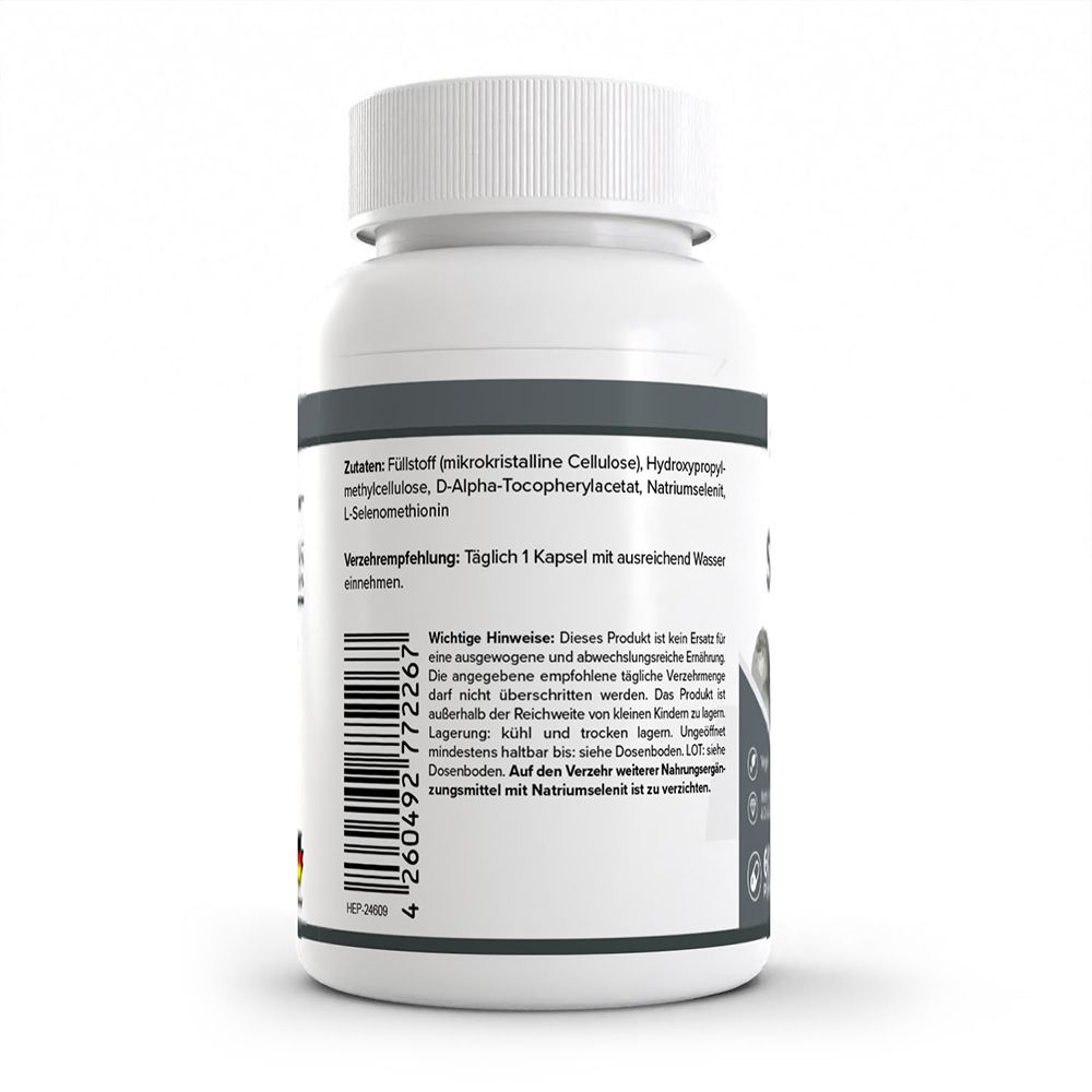 Rückseite der HEALTH+ Selen 200 µg Dose: Enthält Zutatenliste, Verzehrempfehlung und wichtige Hinweise.