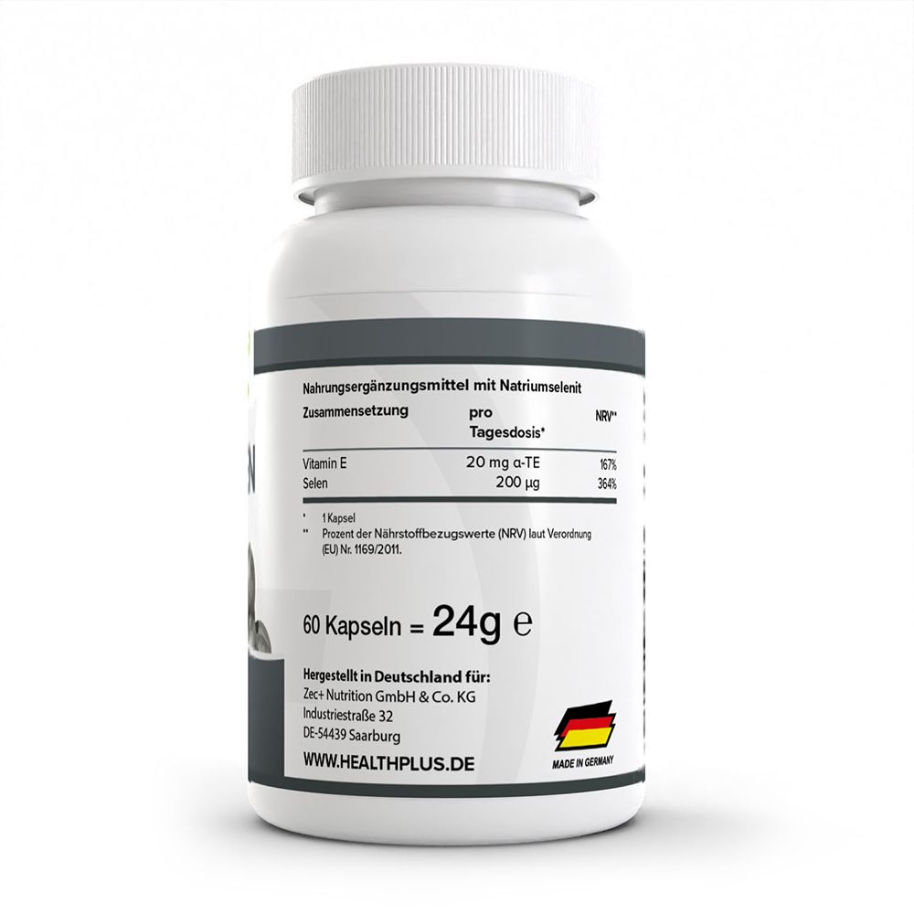 HEALTH+ Selen 200 µg Dose: Etikett zeigt Nährwertangaben pro Tagesdosis, 60 Kapseln.