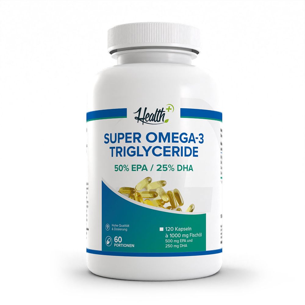 HEALTH+ Super Omega-3 Triglyceride Kapseln: 120 Stück, 50% EPA, 25% DHA.