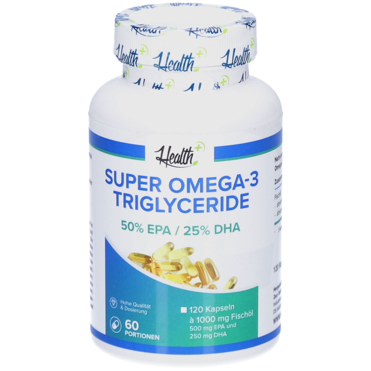 Weiße Flasche mit Kapseln. Aufschrift: Super Omega-3 Triglyceride, 50% EPA / 25% DHA. 120 Kapseln.