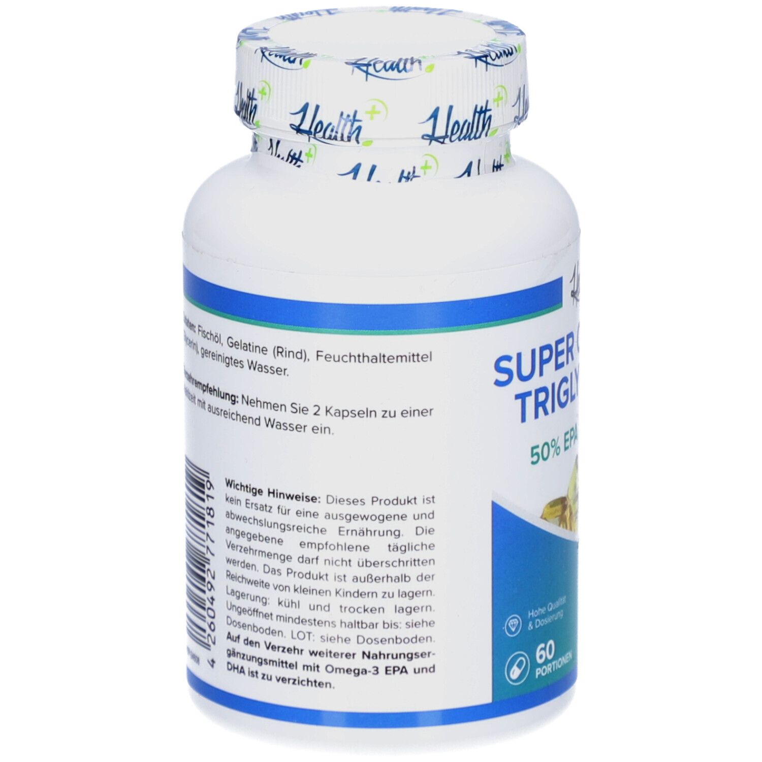 Rückseite der weißen Flasche. Text: wichtige Hinweise, Zutaten, Verzehrempfehlung. 60 Portionen. Barcode.