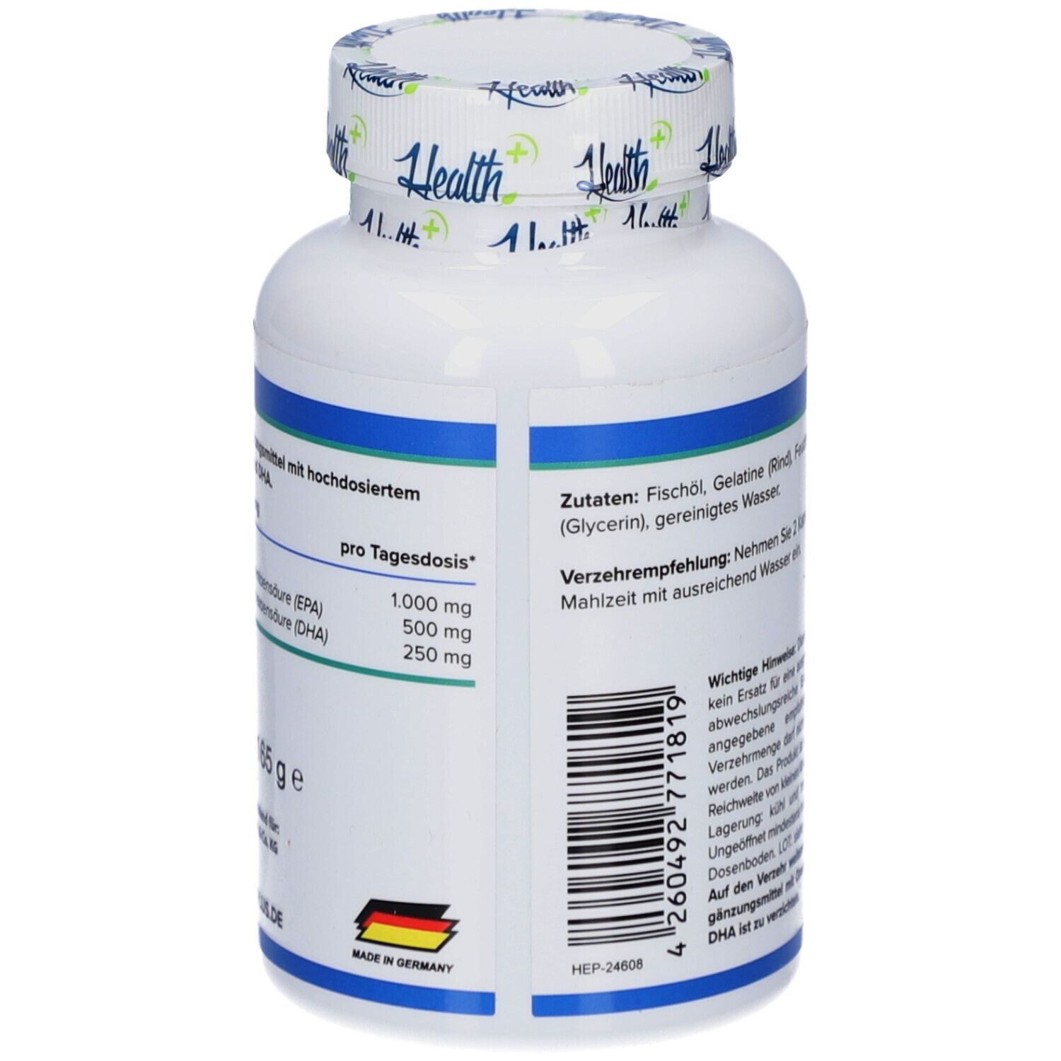 Rückseite der weißen Flasche. Text: Zutaten, Verzehrempfehlung, pro Tagesdosis. Made in Germany. Barcode.