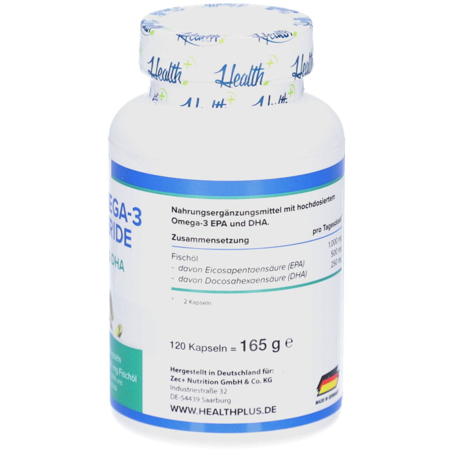 Rückseite der weißen Flasche. Text: Nährwertangaben, 120 Kapseln, 165 g. Hergestellt in Deutschland.