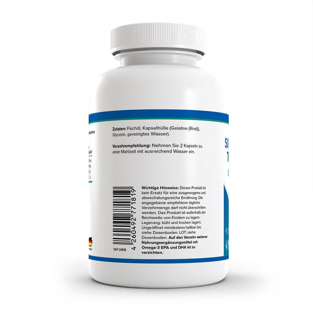 Rückseite HEALTH+ Super Omega-3 Triglyceride: Zutaten und Verzehrempfehlung.