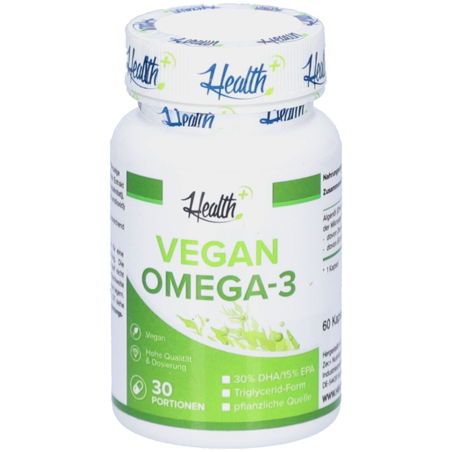 Weiße Flasche mit grünen Akzenten. Aufschrift: Health+ Vegan Omega-3. Enthält 60 Kapseln. Vegan, hohe Qualität & Dosierung.