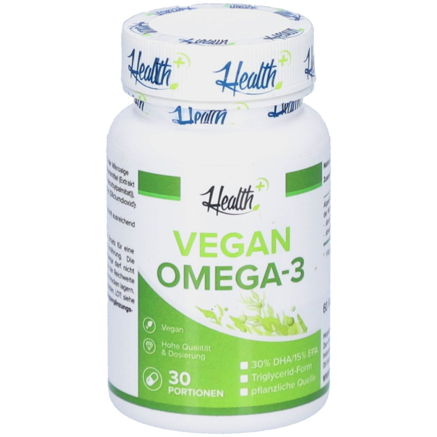 Weiße Flasche mit grünen Akzenten. Aufschrift: Health+ Vegan Omega-3. Enthält 30 Portionen. Vegan, hohe Qualität & Dosierung.