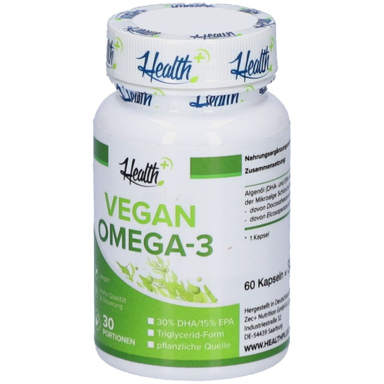Weiße Flasche mit grünen Akzenten. Aufschrift: Health+ Vegan Omega-3. Enthält 60 Kapseln. Vegan, hohe Qualität & Dosierung.