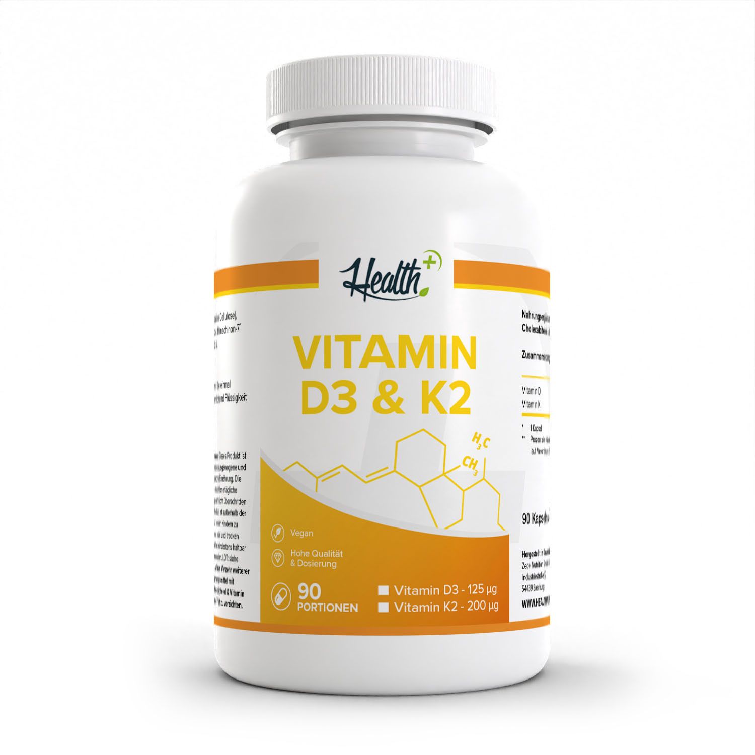 Weiße Flasche mit gelbem Etikett. Aufschrift: Health+ Vitamin D3 & K2. Enthält 90 Portionen. Vegan.