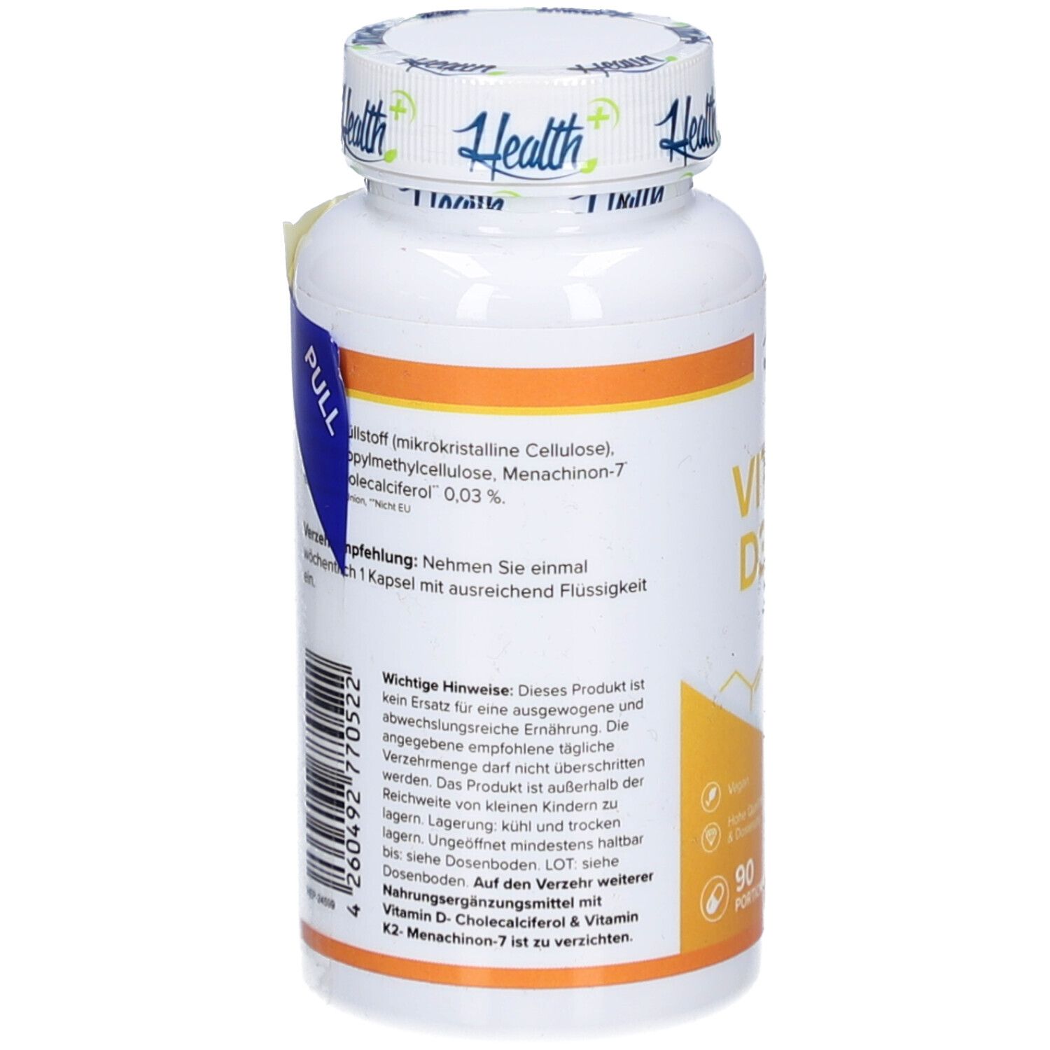 Rückseite der Flasche HEALTH+ VITAMIN D3 & K2. Zutatenliste, Hinweise, Chargennummer. 90 Portionen. Vegan.