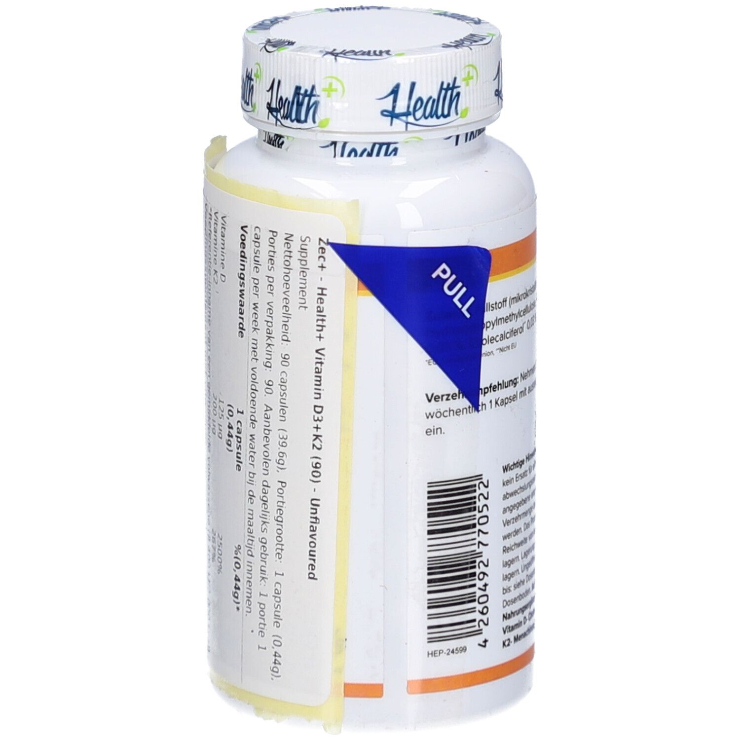 Flasche HEALTH+ VITAMIN D3 & K2 mit teilweise geöffnetem Etikett. Zutaten, Dosierung, Nährwertangaben. 90 Portionen.