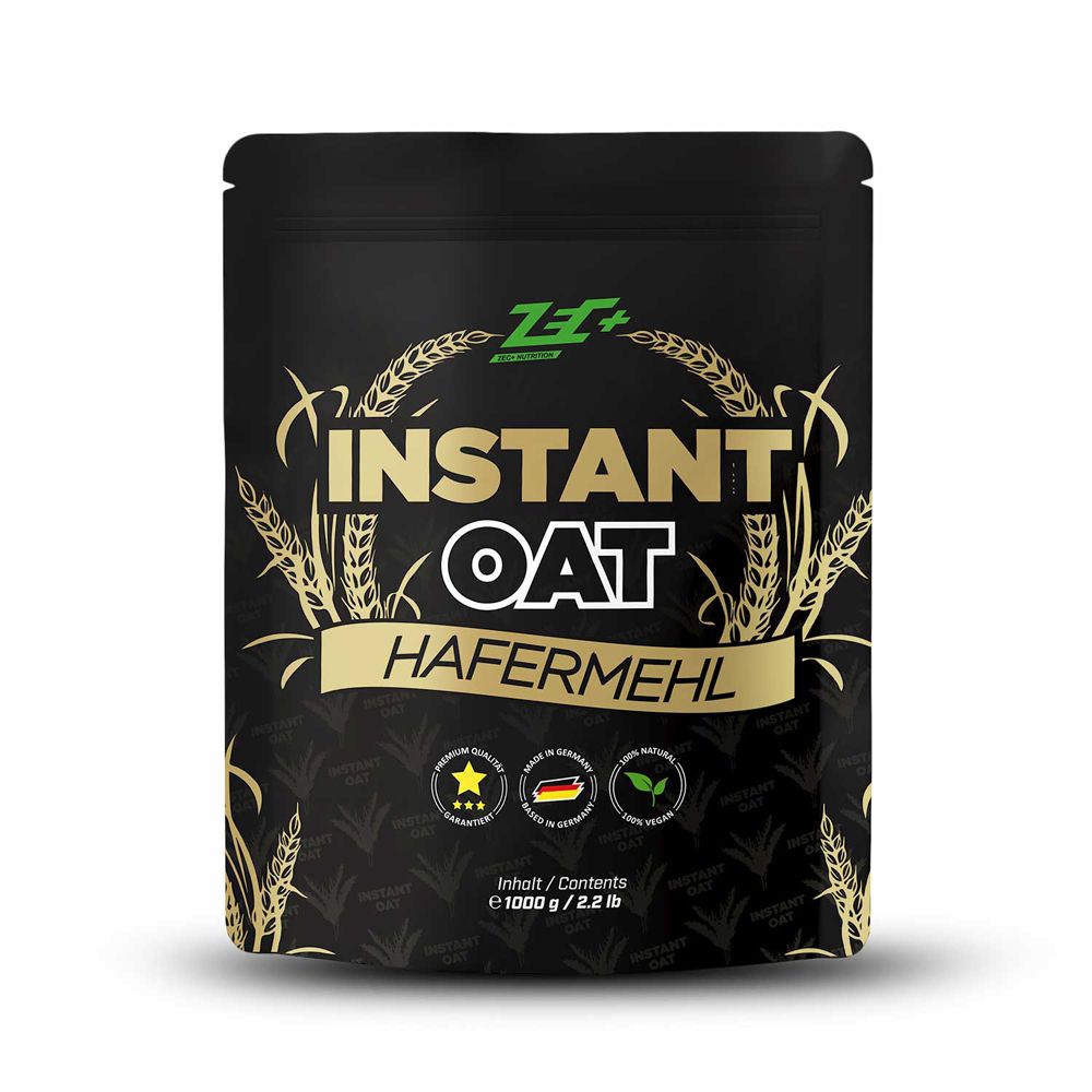 Schwarze Verpackung mit goldfarbenen Details. Aufschrift "Instant Oat Hafermehl". Logos und Qualitätszeichen. Inhalt 1000g.