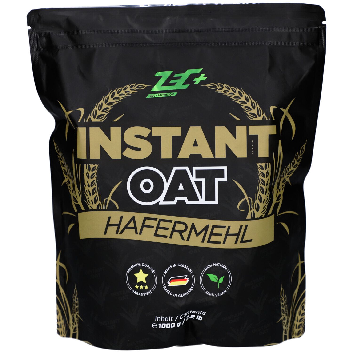 Schwarze Verpackung mit goldfarbenen Details. Aufschrift "Instant Oat Hafermehl". Logos und Qualitätszeichen. Inhalt 1000g.
