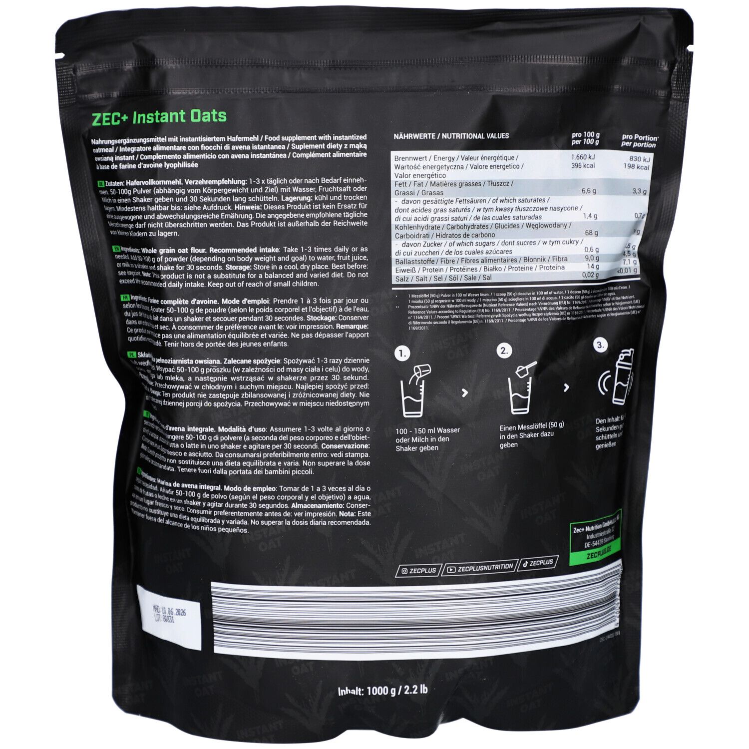 Rückseite der Verpackung. Text in mehreren Sprachen. Nährwertangaben und Zubereitungshinweise. Inhalt 1000g/2.2 lb.