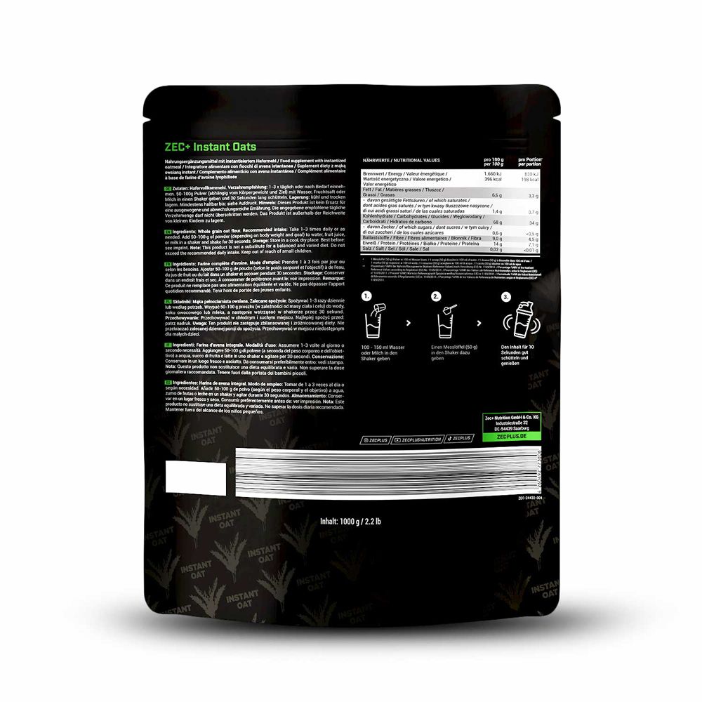 Rückseite der Verpackung. Text in mehreren Sprachen. Nährwertangaben und Zubereitungshinweise. Inhalt 1000g/2.2 lb.