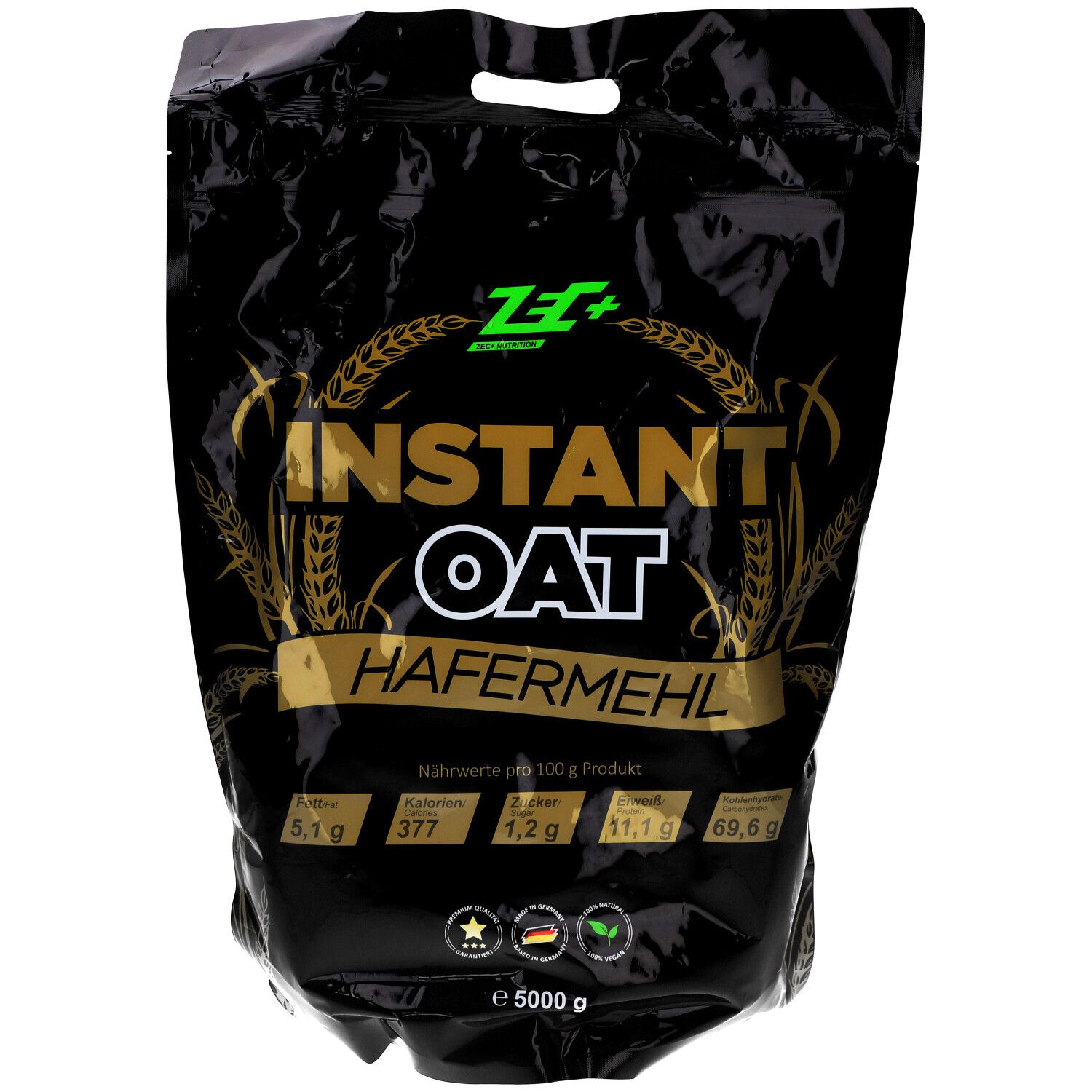 Schwarze Verpackung, leicht schräg. Aufschrift: Instant Oat Hafermehl. Goldene Akzente. Nährwertangaben. Siegel und 5000 g.