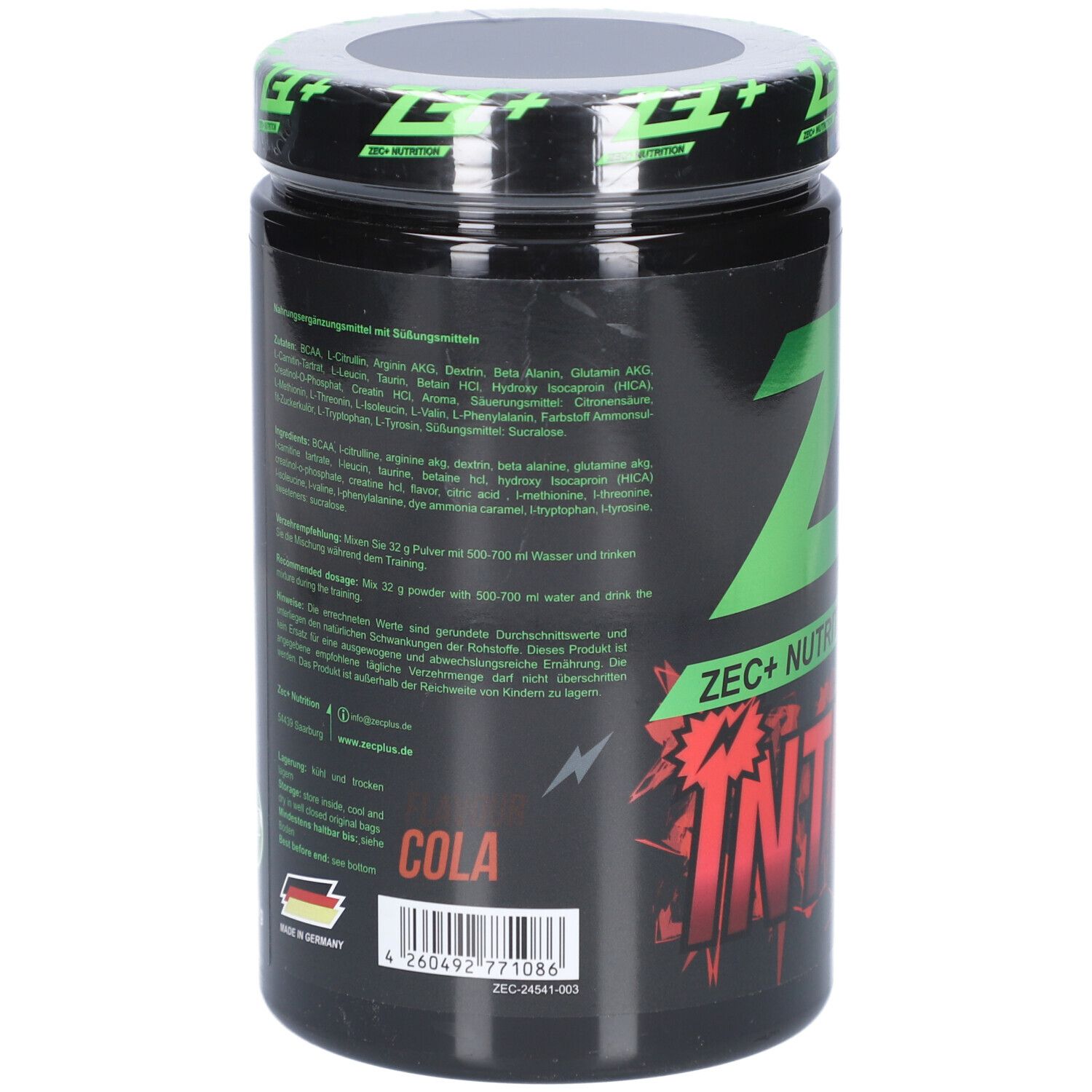 Rückseite einer schwarzen Dose. Text in Deutsch. ZEC+ INTRAPLUS Cola. Barcode und Hergestellt in Deutschland.