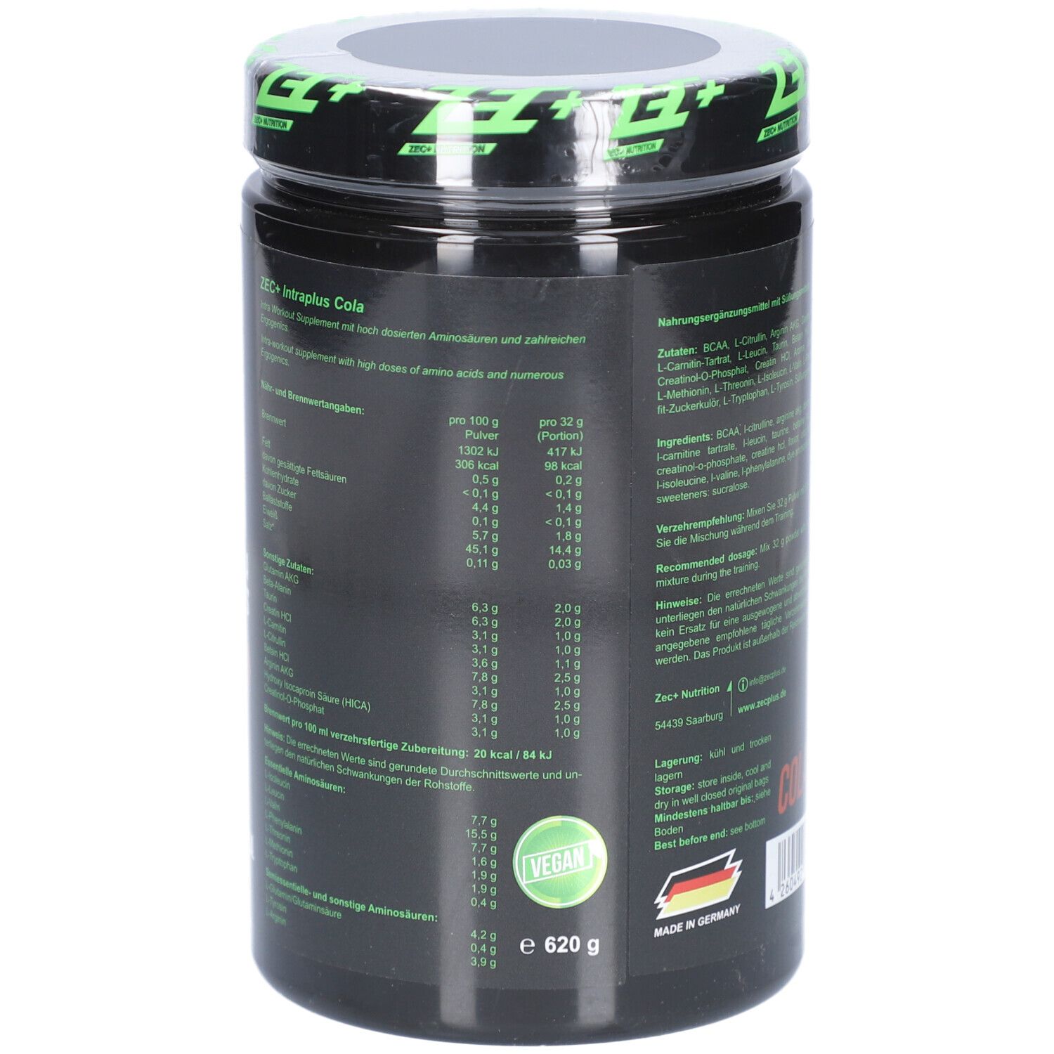 Schwarze Dose mit Nährwertangaben. ZEC+ INTRAPLUS Cola. Vegan-Siegel. Hergestellt in Deutschland. Gewicht: 620 g.
