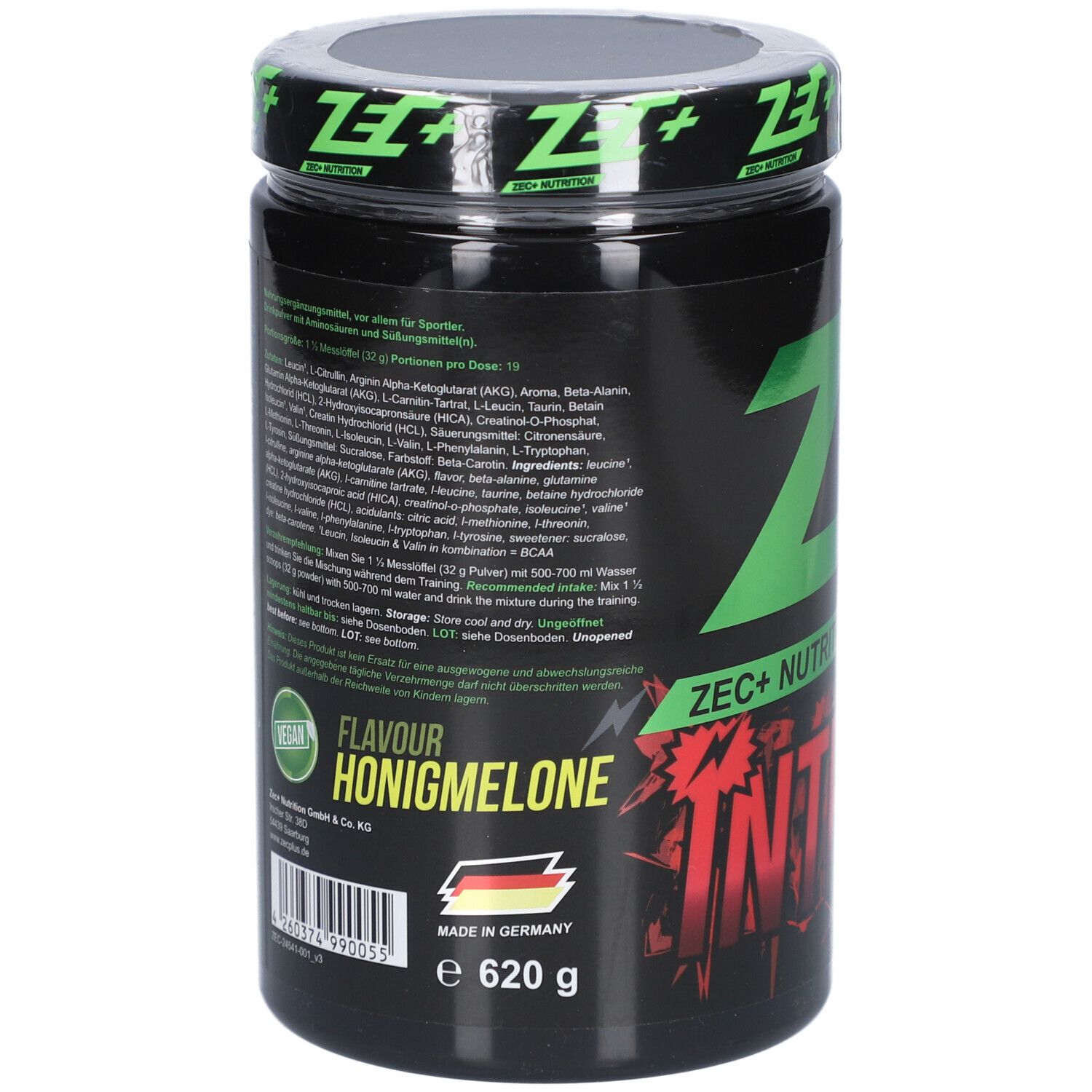 Schwarze Dose mit grünem und rotem Text. ZEC+ Nutrition Intraplus, Geschmacksrichtung Honigmelone. Mit Inhaltsangaben und Zertifizierung.