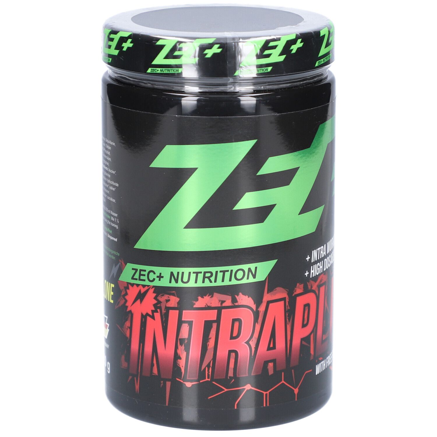 Schwarze Dose mit grünem und rotem Text. ZEC+ Nutrition Intraplus, Geschmacksrichtung Honigmelone. Produktname und Logo.