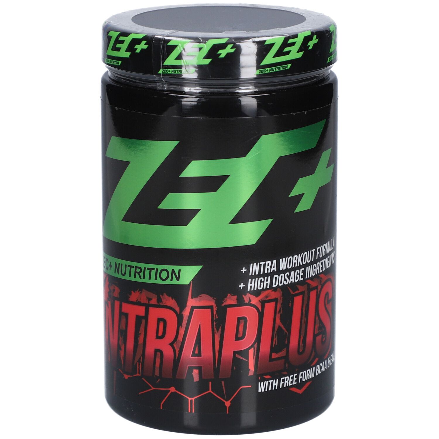 Schwarze Dose mit grünem und rotem Text. ZEC+ Nutrition Intraplus. Intra Workout Formel und hochdosierte Inhaltsstoffe.