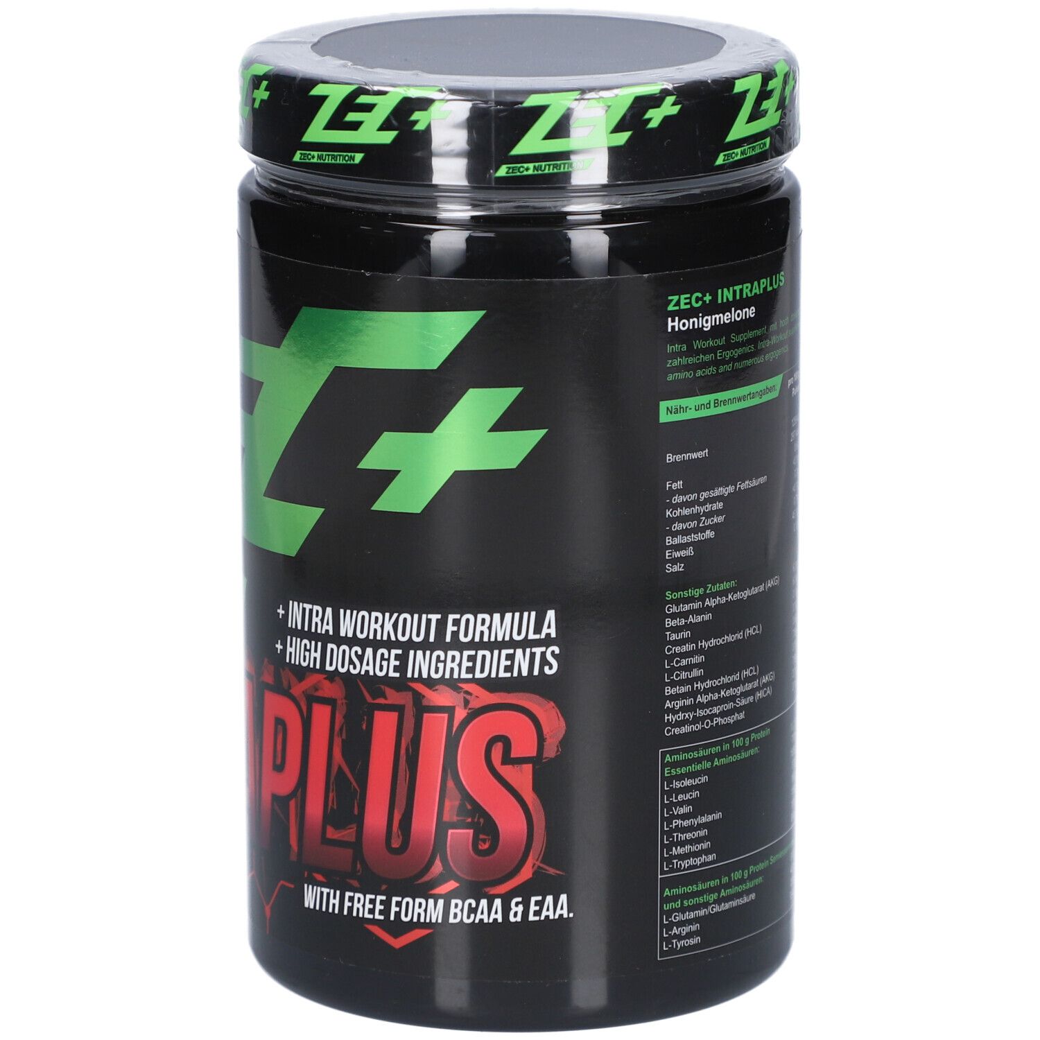 Schwarze Dose mit grünem und rotem Text. ZEC+ Intraplus. Intra Workout Formel, hochdosierte Inhaltsstoffe, mit BCAA & EAA.
