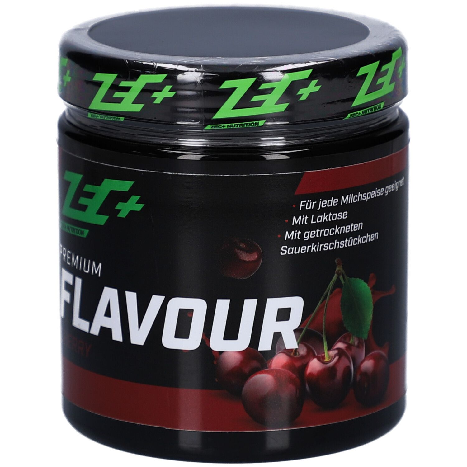 ZEC+ Aromapulver-Glas, Text: Für jede Milchspeise geeignet. Mit getrockneten Sauerkirschstücken.