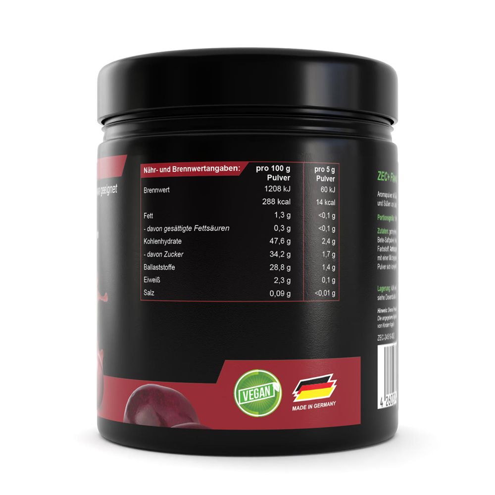 Rückseite des ZEC+ Aromapulver-Glases. Nährwertangaben, Vegan-Siegel, Made in Germany.
