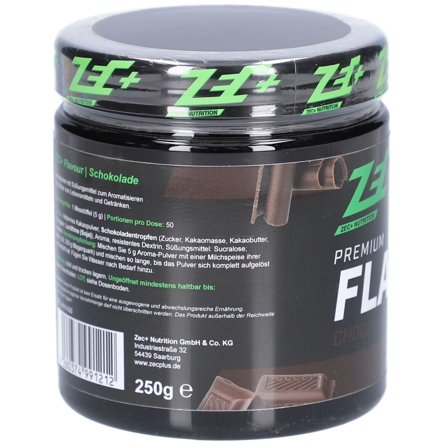 Schwarzes Behältnis mit grünem Deckel. ZEC+ Flavour | Schokolade. 250g. Barcode.