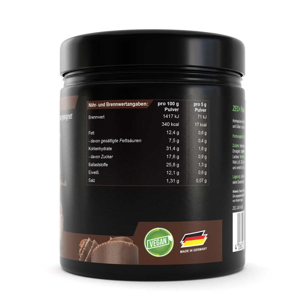 Rückseite des schwarzen Behälters. Nährwertangaben. Vegan-Siegel. Made in Germany. Deckel.