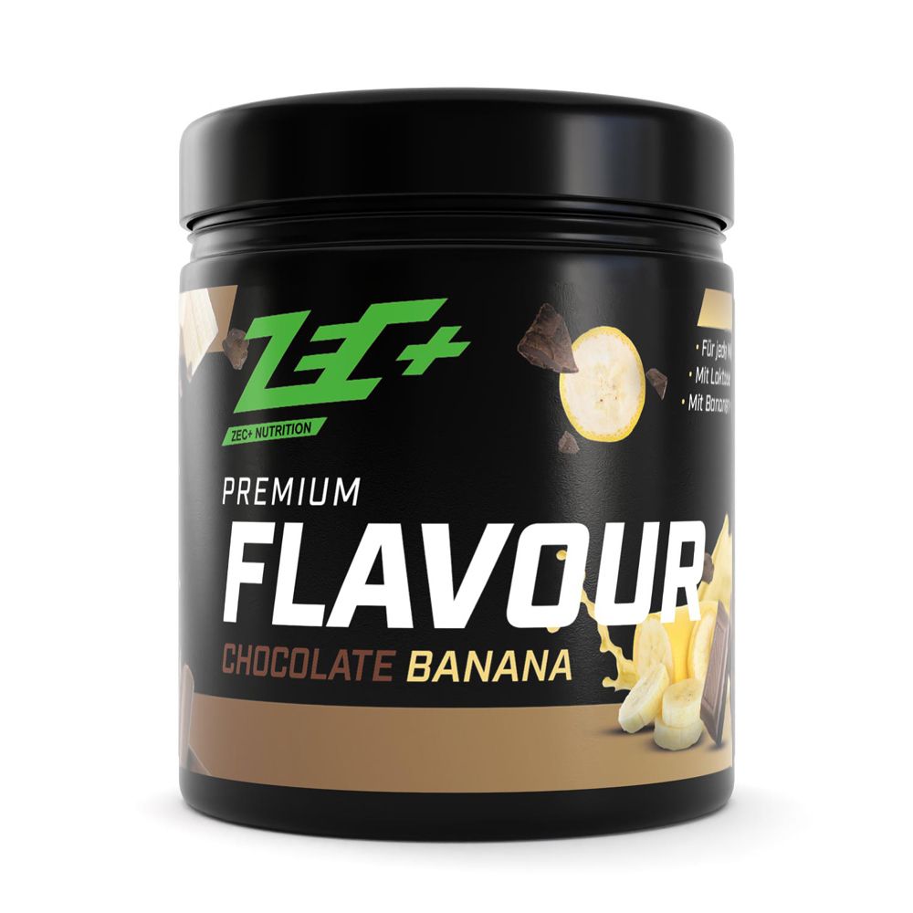 Schwarzes Produktglas mit Aufschrift Premium Flavour Chocolate Banana. Abbildung von Banane und Schokolade.