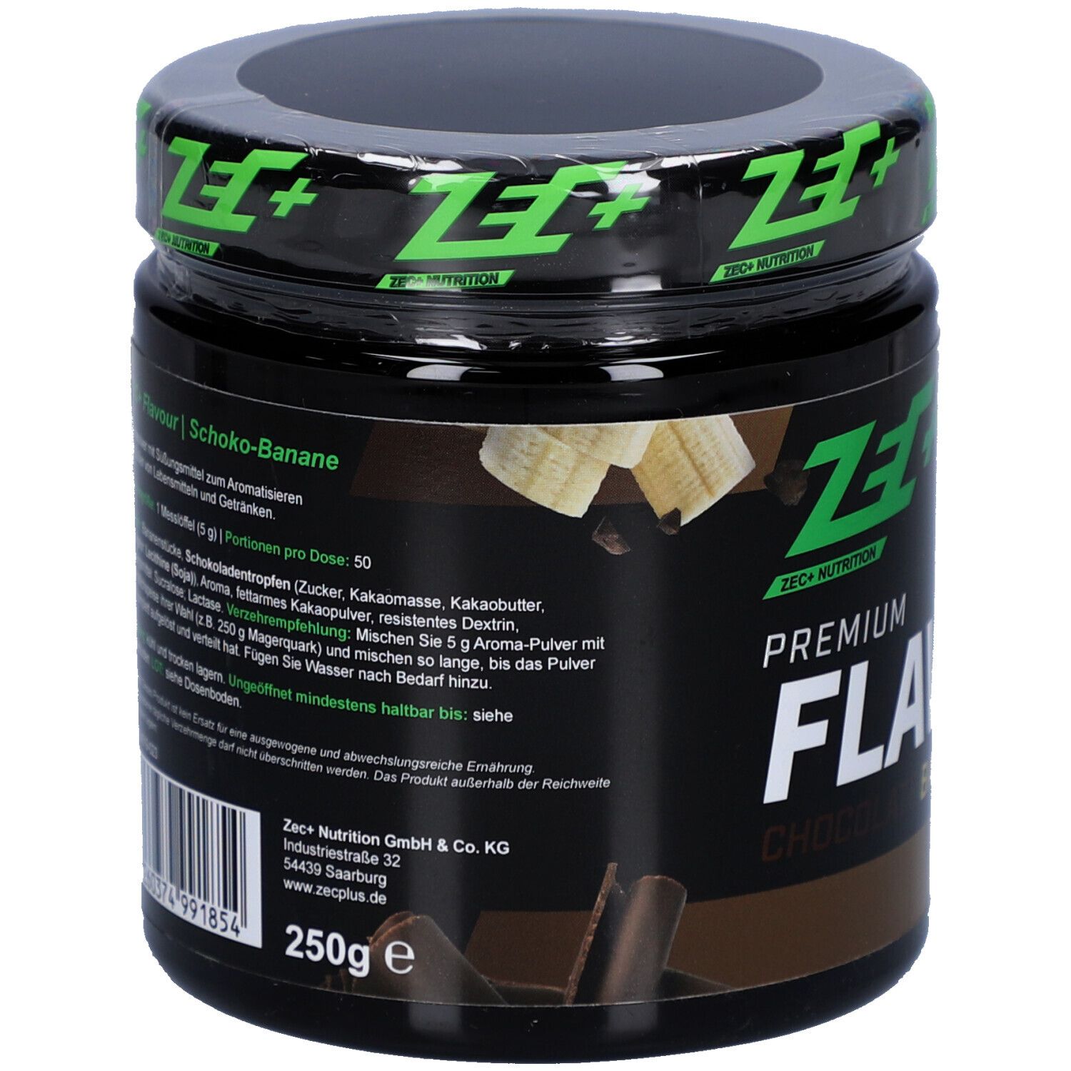 Schwarzes Produktglas mit grünem Deckel. Enthält Zutatenliste und Kontaktinformationen. Marke ZEC+ Nutrition.