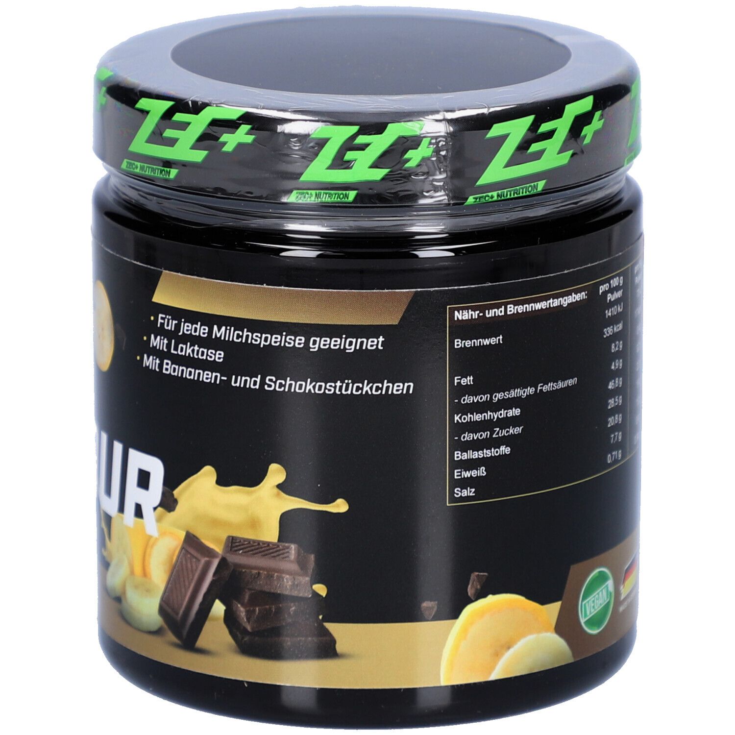 Schwarzes Produktglas mit grünem Deckel. Enthält Nährwertangaben, Vegan-Siegel und Made in Germany. Marke ZEC+ Nutrition.
