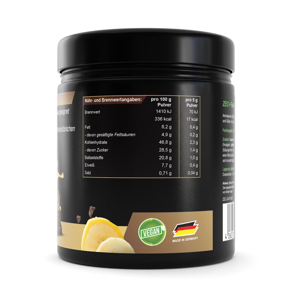 Rückseite des schwarzen Produktglases. Enthält Nährwertangaben, Vegan-Siegel und Made in Germany. Marke ZEC+ Nutrition.