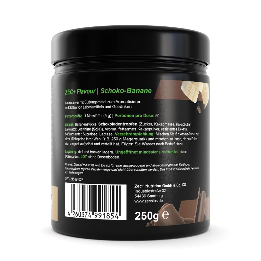 Rückseite des schwarzen Produktglases. Enthält Zutatenliste, Dosierung und Kontaktinformationen. Marke ZEC+ Nutrition.