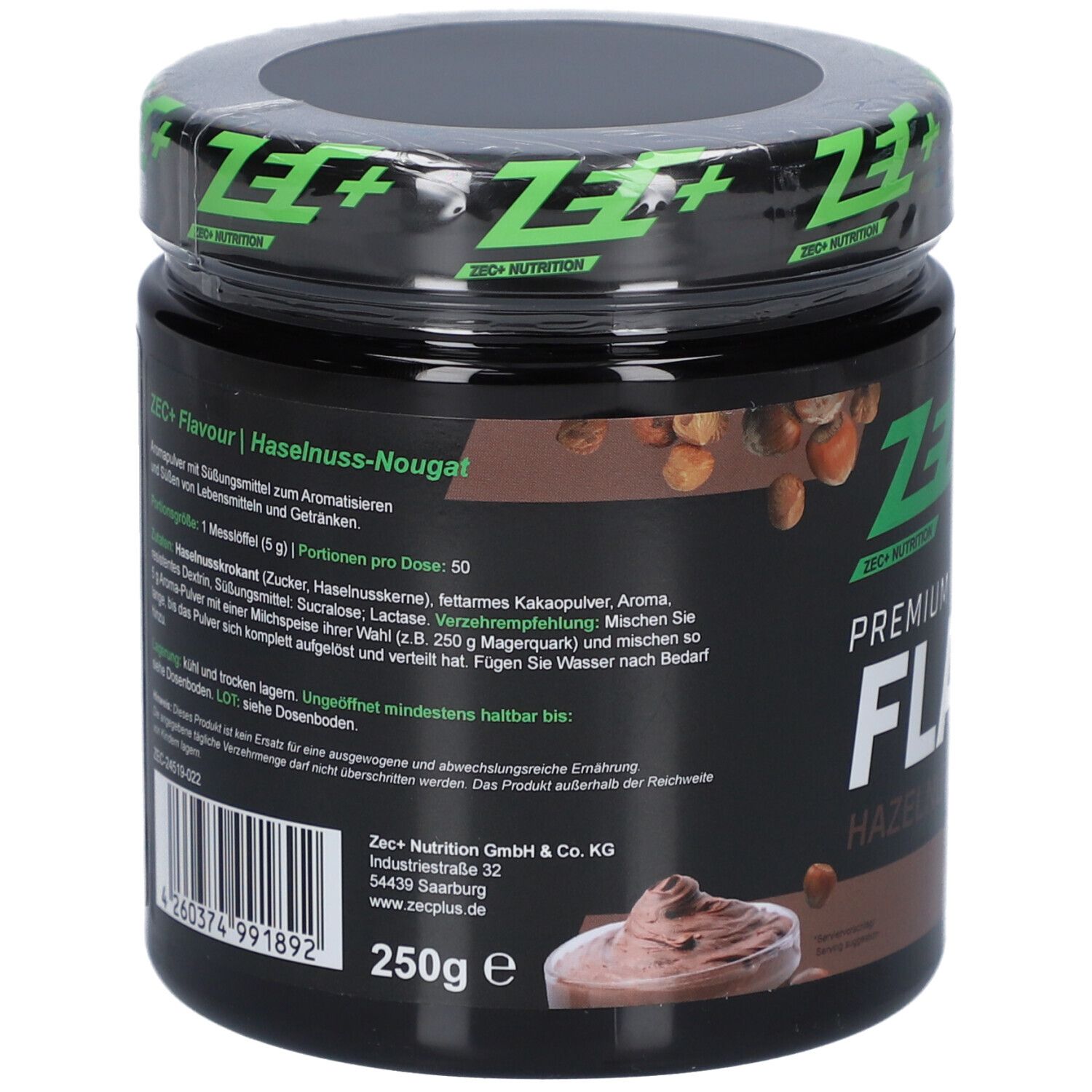 Produktglas mit grünem Deckel. Aufschrift: ZEC+ NUTRITION. PREMIUM FLAVOUR HAZELNUT-NOUGAT. 250g e.