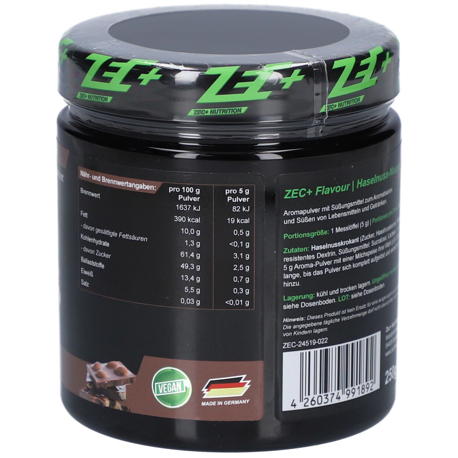 Produktglas mit grünem Deckel. Rückseite mit Nährwertangaben, Vegan-Siegel und Made in Germany-Logo.