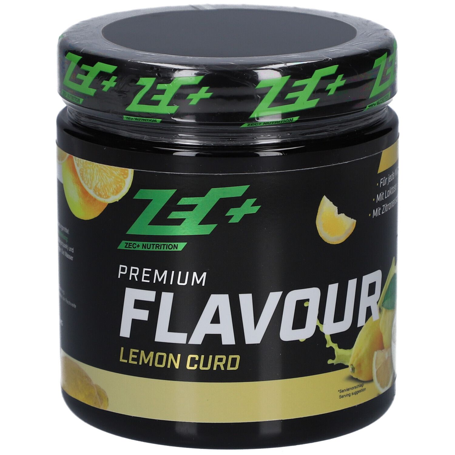 Schwarze Dose mit gelben Zitronen-Illustrationen. Aufschrift: PREMIUM FLAVOUR LEMON CURD. Marke: ZEC+ Nutrition.