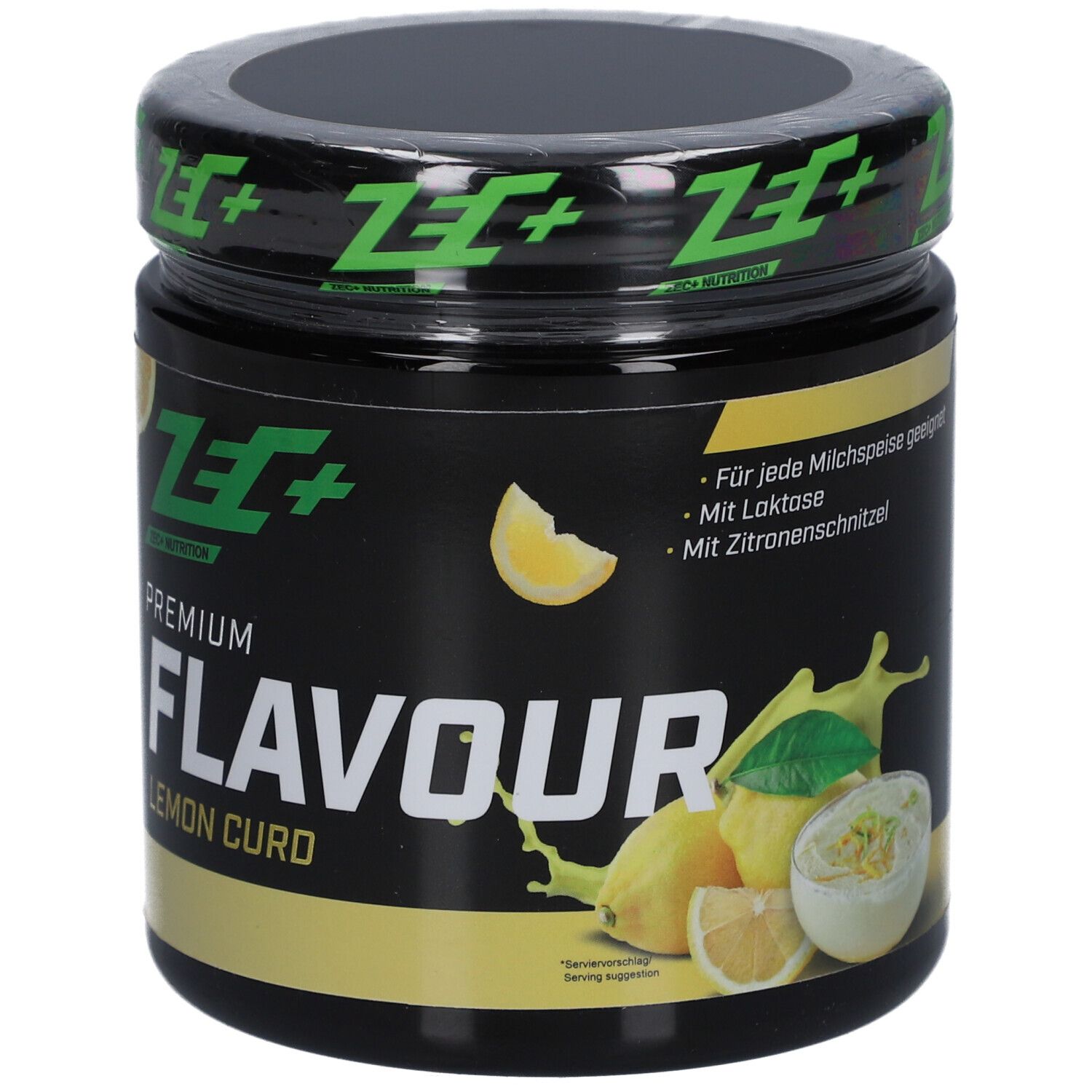 Schwarze Dose mit gelben Zitronen-Illustrationen. Aufschrift: PREMIUM FLAVOUR LEMON CURD. Marke: ZEC+ Nutrition.
