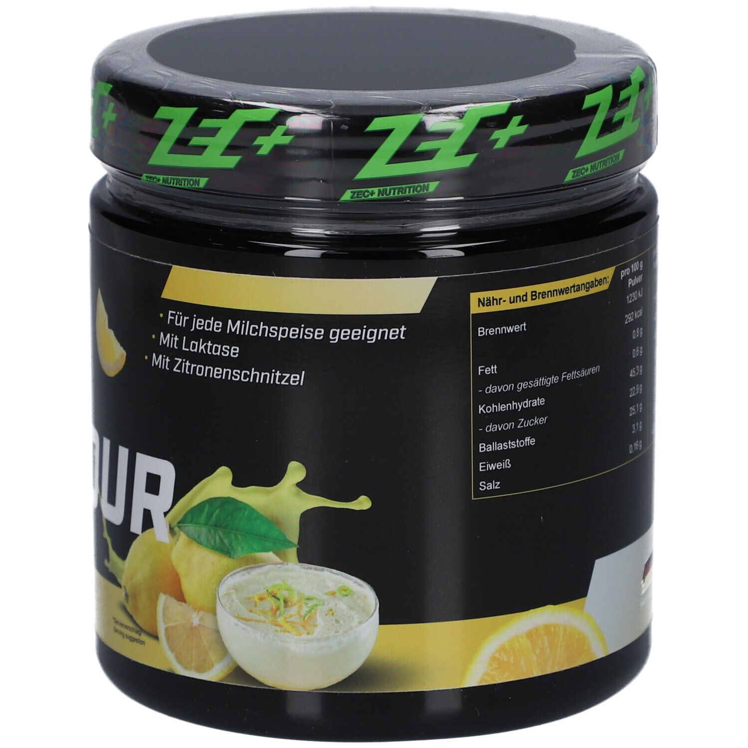 Schwarze Dose mit gelben Zitronen-Illustrationen. Aufschrift: PREMIUM FLAVOUR LEMON CURD. Marke: ZEC+ Nutrition.