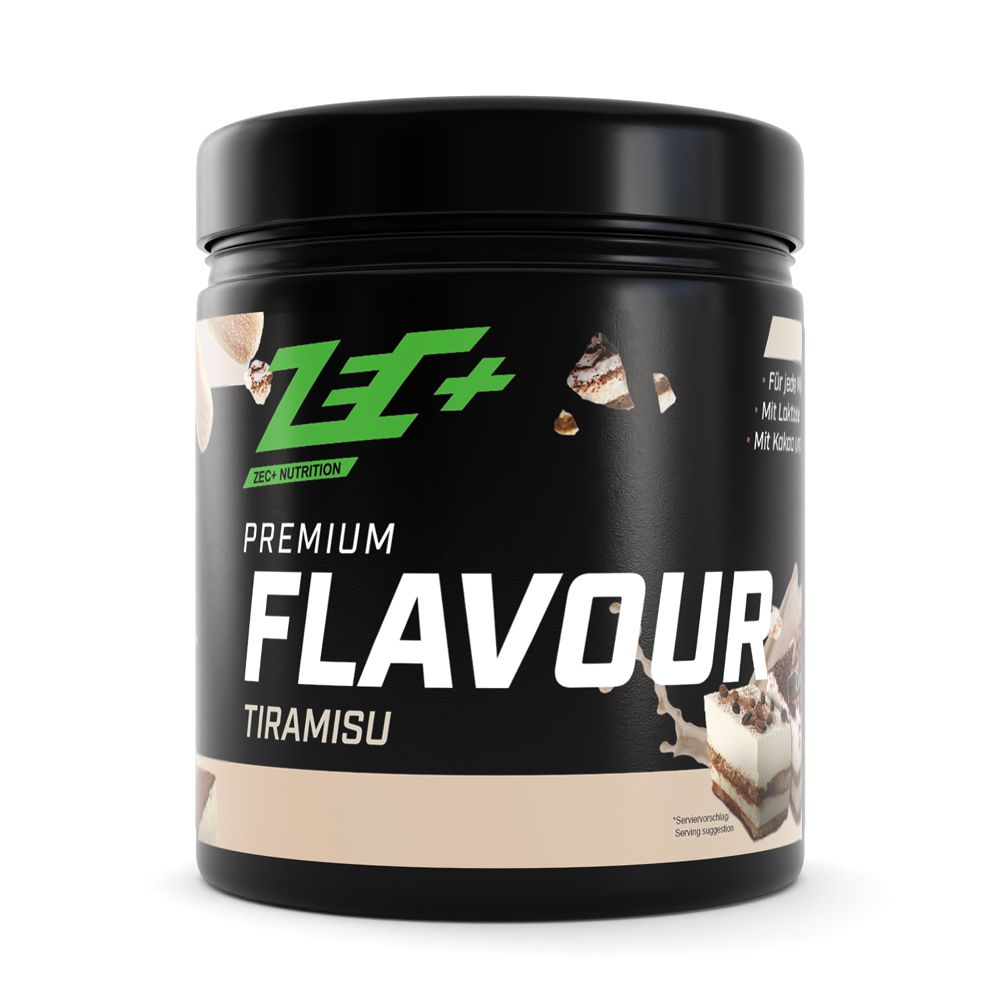 Schwarze Dose mit grünem Logo und Aufschrift PREMIUM FLAVOUR Tiramisu. Abbildung von Tiramisu-Stückchen.