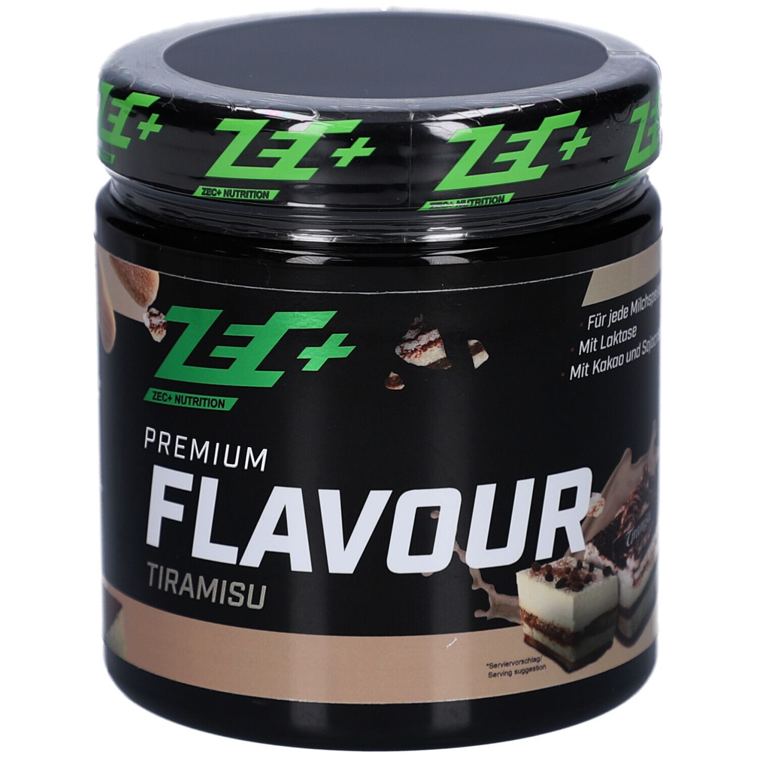 Schwarze Dose mit grünem Logo und Aufschrift PREMIUM FLAVOUR Tiramisu. Ansicht von oben.