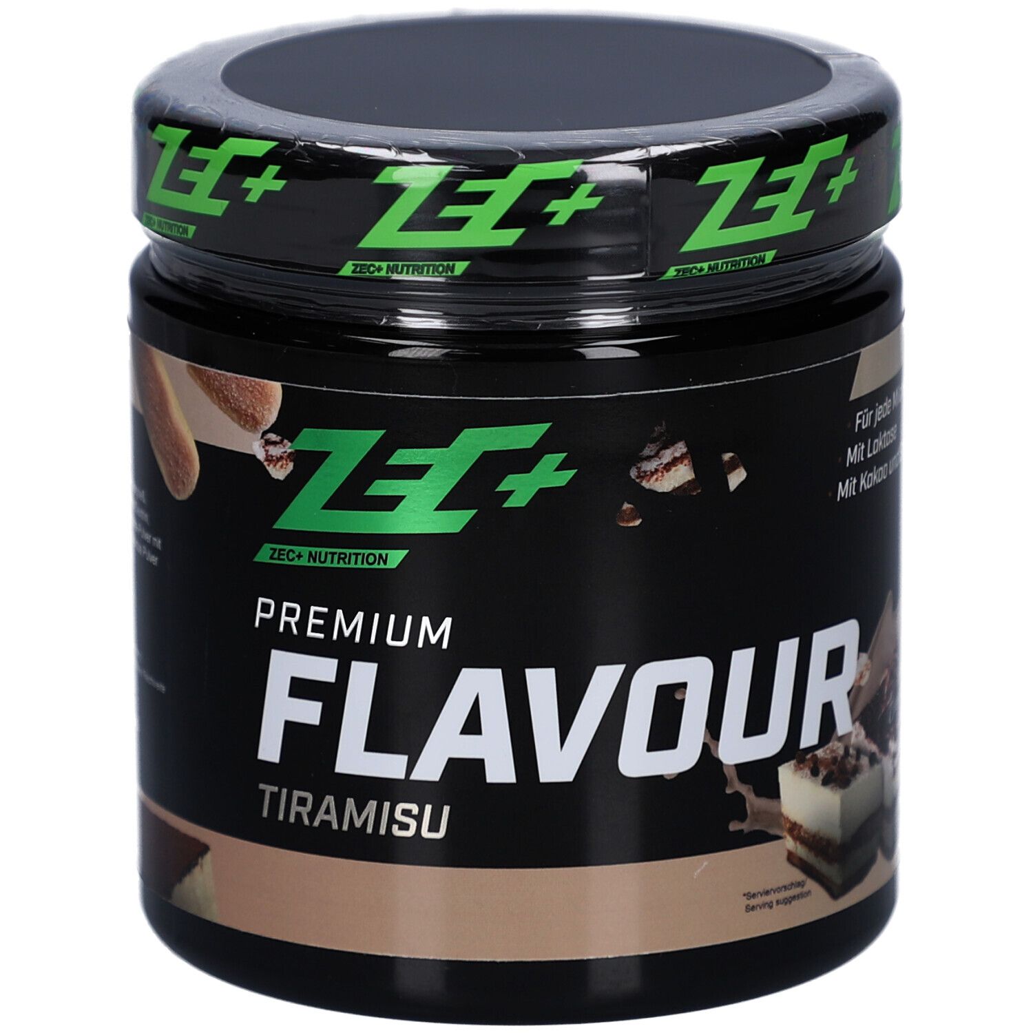 Schwarze Dose mit grünem Logo und Aufschrift PREMIUM FLAVOUR Tiramisu. Ansicht von oben.