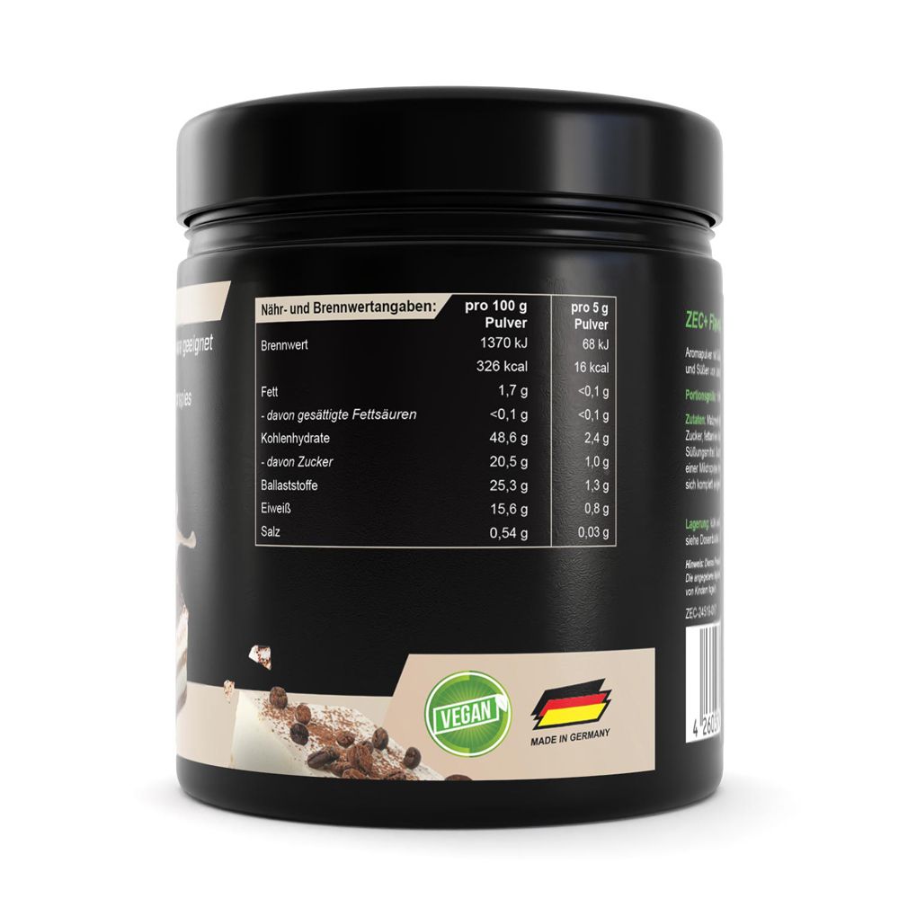 Rückseite der schwarzen Dose. Nährwertangaben und Zutatenliste. Vegan-Siegel und Made in Germany.