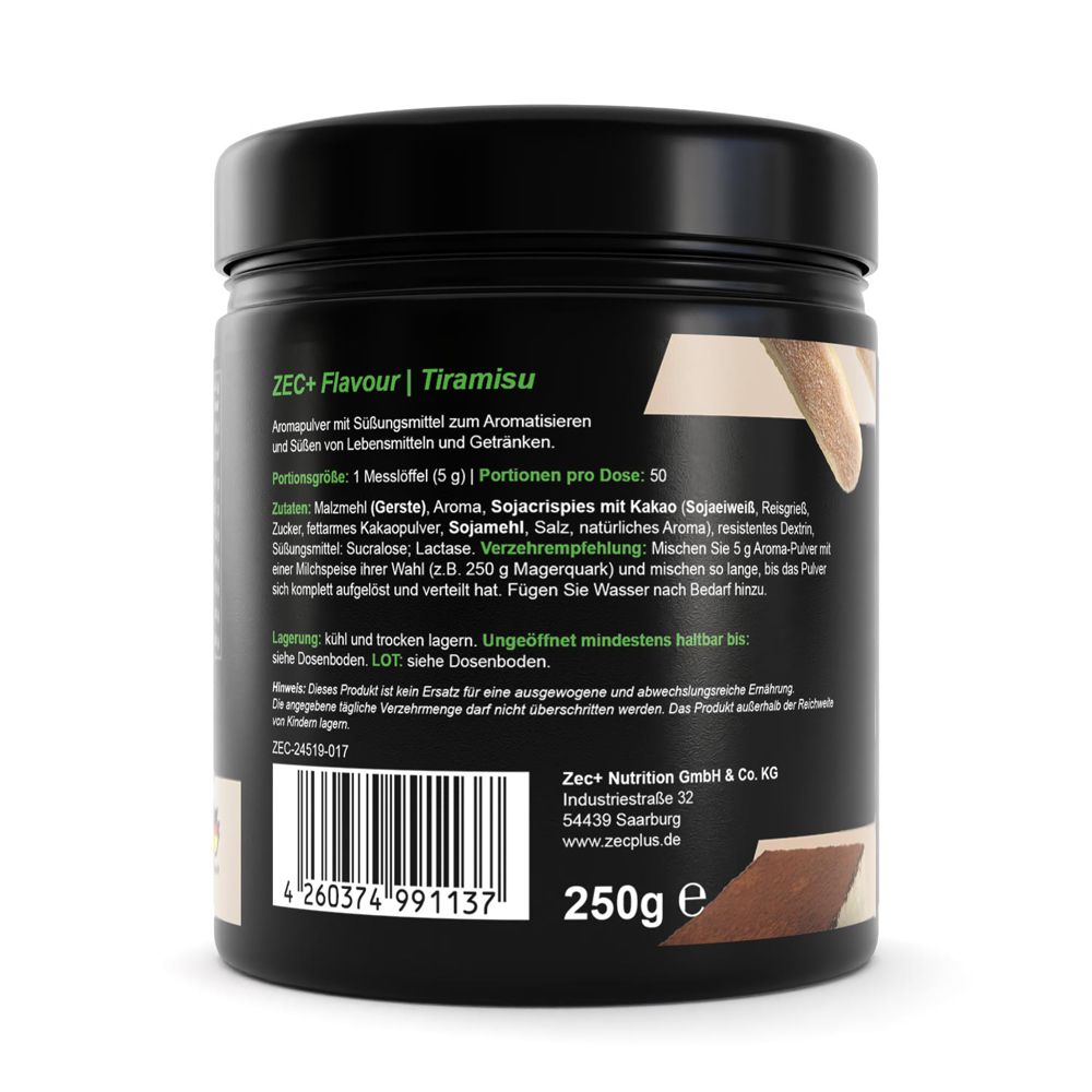 Rückseite der schwarzen Dose. Text mit Zubereitungshinweisen und Inhaltsstoffen. Barcode und 250g.