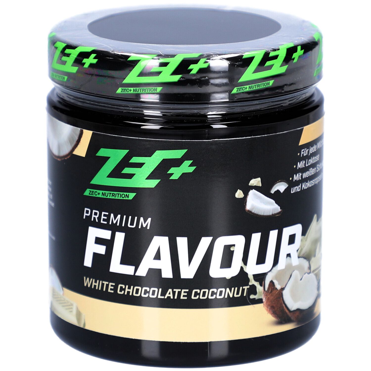 Produktglas mit Deckel. "Premium Flavour" und "White Chocolate Coconut" Aufdruck. ZEC+ Logo.