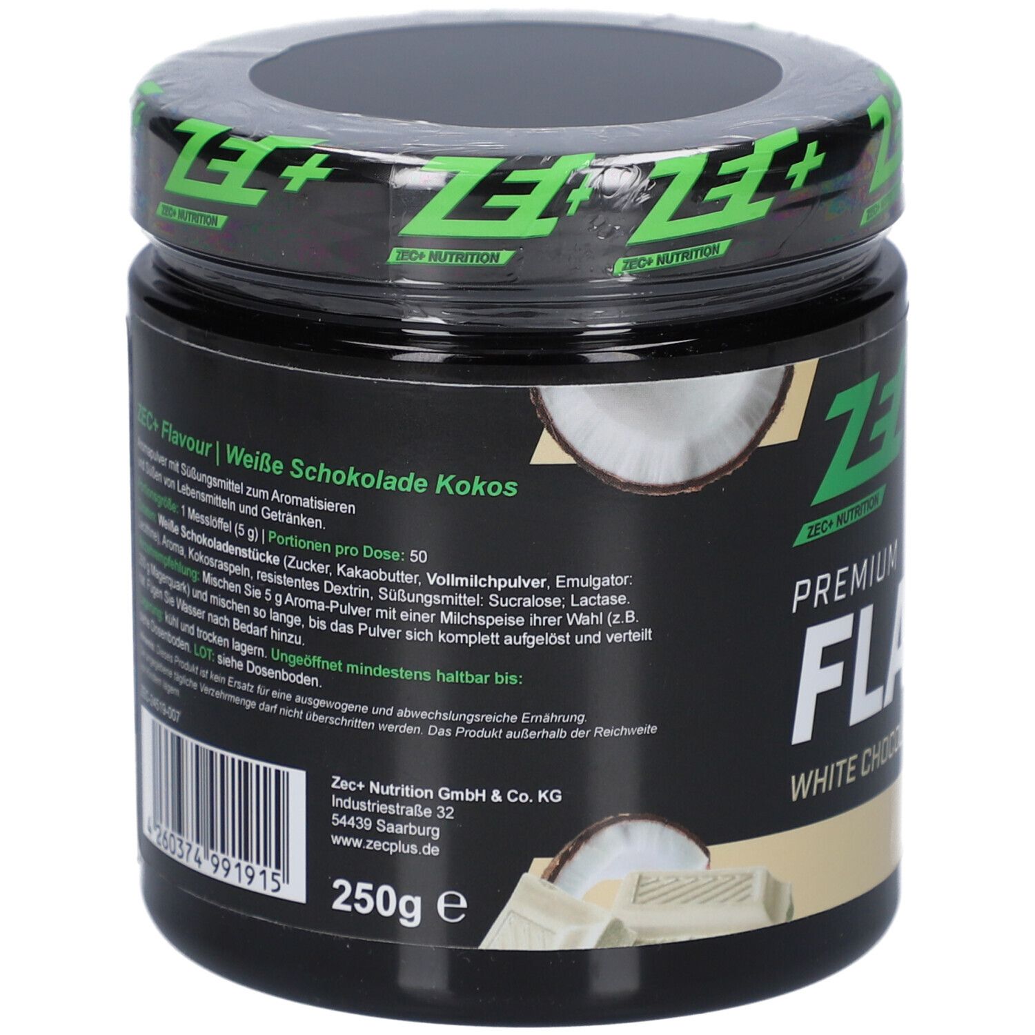 Produktglas mit Deckel. Text mit Zutaten und Anwendungshinweisen. 250g. ZEC+ Logo.