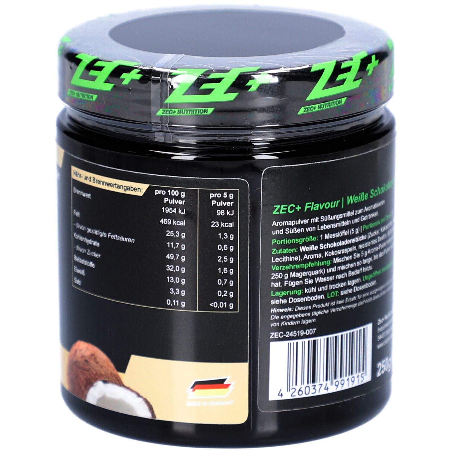 Rückseite des Produktglases mit Deckel. Nährwertangaben und Text. 250g. ZEC+ Logo.